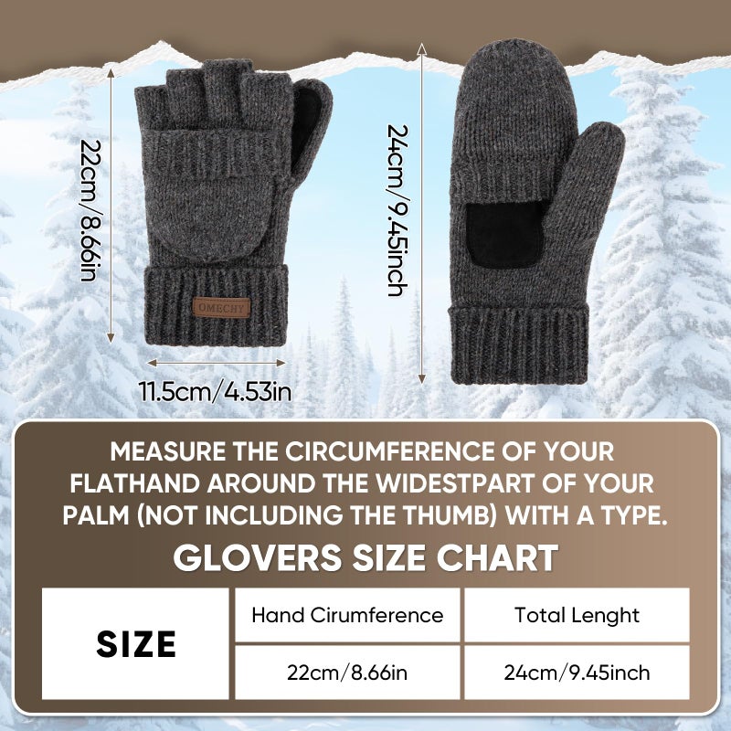 OMECHY Winter Knitted Fingerless Wool Gloves Thermal Insulation Warm Convertible Mittens Flap Cover for Men Women - Image 3